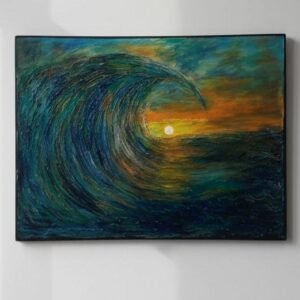 Ocean wave painting with sunset glow, titled Soulwave.