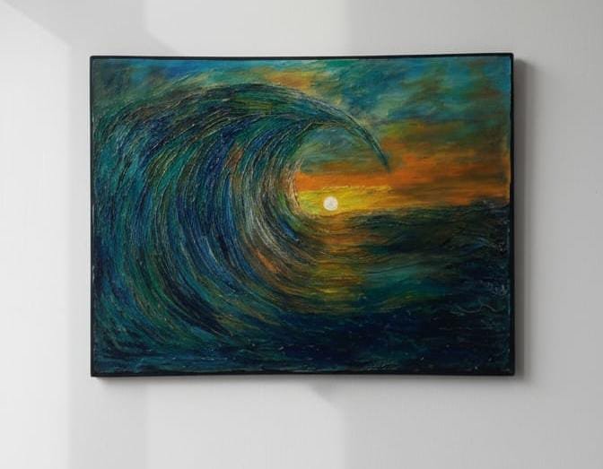 Ocean wave painting with sunset glow, titled Soulwave.